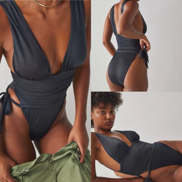 Free People X HAH Cut To The Chase 1 Piece Swim Bodysuit Black - Picture 1 of 13